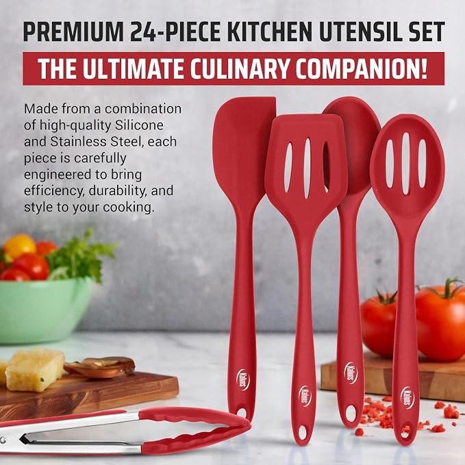Kaluns Silicone Kitchen Utensils Set 24 Pcs Cooking Utensils Set - Can Opener, Masher, Turner, Spatula 446°F Heat Resistant Non-Stick - Premium Silicone and Stainless Steel Utensil Set