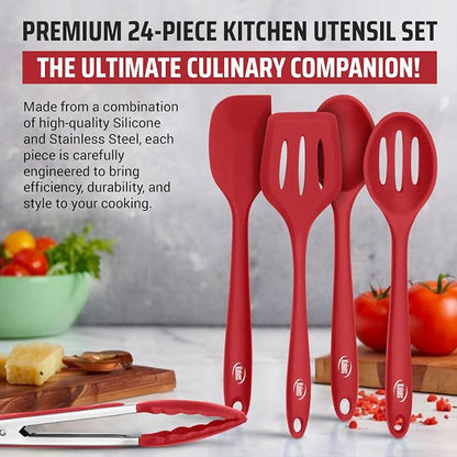 Kaluns Silicone Kitchen Utensils Set 24 Pcs Cooking Utensils Set - Can Opener, Masher, Turner, Spatula 446°F Heat Resistant Non-Stick - Premium Silicone and Stainless Steel Utensil Set