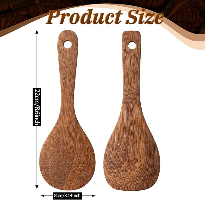 2 PCS Wooden Rice Spoon, 8.7'' Rice Serving Paddle Non Stick, Versatile Cooking Spoon Heat Resistant Cooking Utensils for Non Stick Cookware Serving Mixing Baking