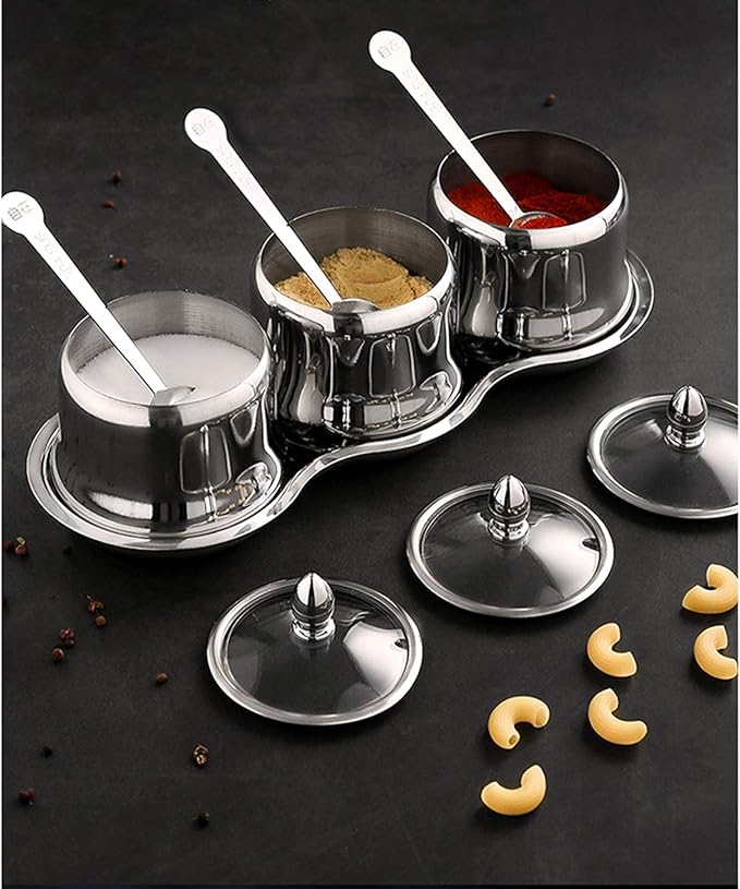 Tenta Tenta Kitchen 18/8 Stainless Steel Seasoning Box Condiment Jar Set Spice Jar Spice Rack Condiment Cruet Bottle Salt Pepper Sugar Storage Organizers with 3 Serving Spoons (Glass Lids)