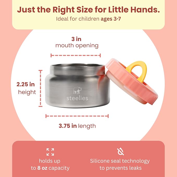 8oz Vacuum Sealed Compact Stainless Steel Insulated Food Container for Hot & Cold Food for Kids, Easy to Open No Twisting Lid, 100% Leak Proof (Pink)