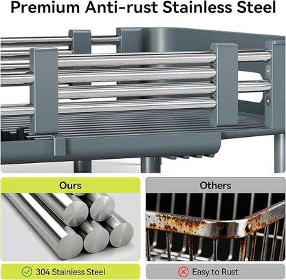 Urackify Stainless Steel Dish Drying Rack - Dish Drainer for Kitchen Counter, Extendable Drainboard with Foldable, Space-Saving Cup & Bowl Organizer, Includes Knife and Utensil Holder, Matte-Green