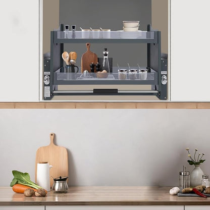 Pull Down Shelf for Kitchen Upper Cabinet,2-Tier Pull Down Cabinet Organizer,Pull-Down Shelf for Kitchen Upper Cabinets,26.4 Lbs Load Capacity (30.08 * 10.24 * 21.65in)