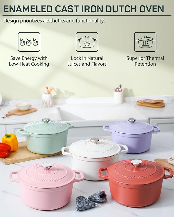 Ciwete 6 QT Dutch Oven Pot with Lid, Enameled Cast Iron Dutch Oven for Bread Making, Braiser, Cooking, Dual Handles, Oven Safe up to 500° F or on Stovetop, Gifts for Family - Mint Green