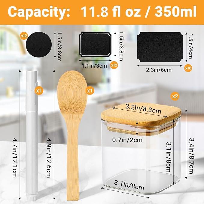 Square Glass Jar with Lid, 12 Fl.oz Glass Jars with Bamboo Lids Set of 2, Kitchen Pantry Storage Containers for Spice, Sugar, Coffee, Tea, Candy, Nuts - Included Labels, Marker and Spoon