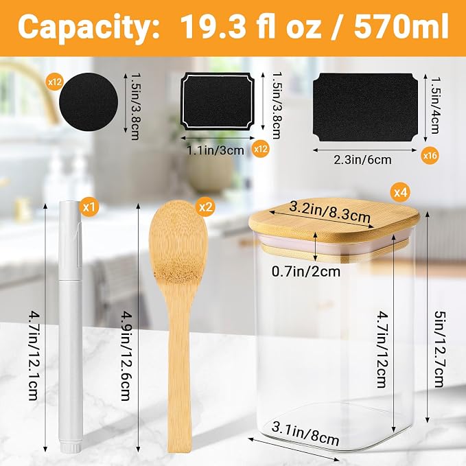 Glass Storage Jars with Lids, 19 Fl.oz Square Glass Jars with Bamboo Lids Set of 4, Clear Sugar Coffee Container Kitchen Canister for Tea, Candy, Flour,Nuts - Included Labels, Marker and Spoon