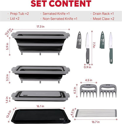 Feasto Collapsible BBQ Prep Tubs with Cutting Board, 9-IN-1, 2 Tubs Portable Grill Prep Station with Side Brackets, Lids, Knives, Meat Claws and Drain Rack, Space-Saving for Kitchen & Camping, Black
