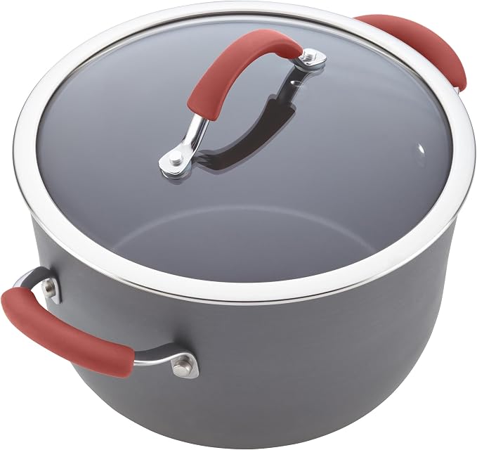 Rachael Ray Cucina Dishwasher-Safe Hard-Anodized Pots and Pans Set Non Stick Cookware, 12-Piece, Gray with Red Handles