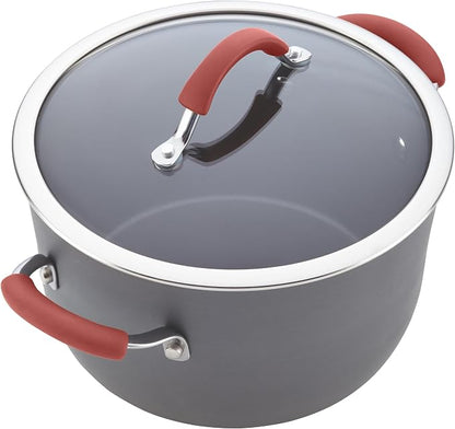Rachael Ray Cucina Dishwasher-Safe Hard-Anodized Pots and Pans Set Non Stick Cookware, 12-Piece, Gray with Red Handles