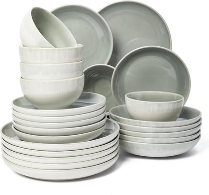 Pokini 24 Piece Double Bowl Dinnerware Sets with Pasta Bowls, Highly Chip and Crack Resistant Plates and Bowls Sets, Natural Earthyware Ceramic Dishware Sets, Service for 6 Gradient Green