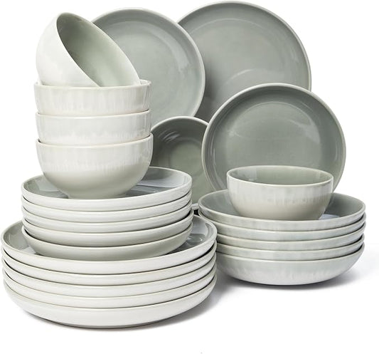 Pokini 24 Piece Double Bowl Dinnerware Sets with Pasta Bowls, Highly Chip and Crack Resistant Plates and Bowls Sets, Natural Earthyware Ceramic Dishware Sets, Service for 6 Gradient Green