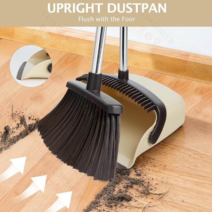 Broom and Dustpan Set with Long Handle, Heavy Dust Broom and Dustpan Combo for Home，Kitchen, Office, Pet Hair(Beige)