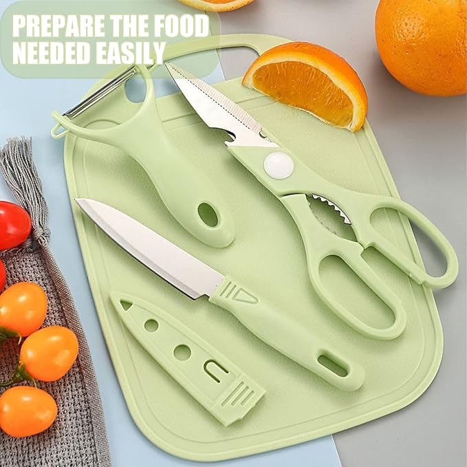 Magicorange Travel Cutting Board Set, 4 Pcs Portable Mini Camping Plastic Cutting Board Set & Stainless Steel Knife with Sheath, Fruits & Vegetable Peeler Scissors (Green)