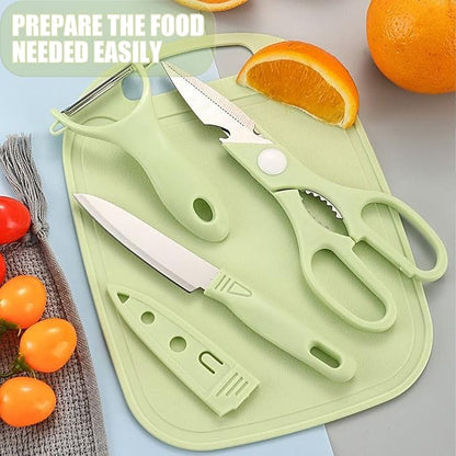 Magicorange Travel Cutting Board Set, 4 Pcs Portable Mini Camping Plastic Cutting Board Set & Stainless Steel Knife with Sheath, Fruits & Vegetable Peeler Scissors (Green)