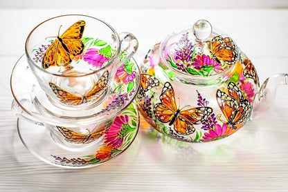 Butterflies and Flowers Teapot with 2 Cups and Saucers - Wedding Gift for Mom - Elegant Tea Set Women Hand Painted Personalized Mother's Day Gift, Luxurious Tea Accessories Tea Party Gift