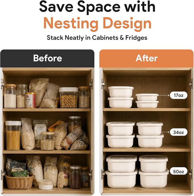 3 Pack Food Storage Containers with Easy-Open Vent Lids, Leak Resistant BPA-Free Meal Prep Containers, Microwave Freezer Dishwasher Safe, Stackable Food Containers,White, 17oz 34oz 51oz