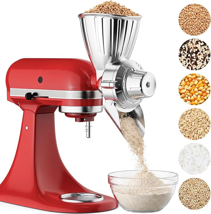 Grain Mill Attachment for KitchenAid, Food-Grade All-Metal 9 Levels Flour Mill for KitchenAid Stand Mixer, Fit for Millet, Wheat, Grain Corn, Coffee Beans, Dry Low-Oil Grains
