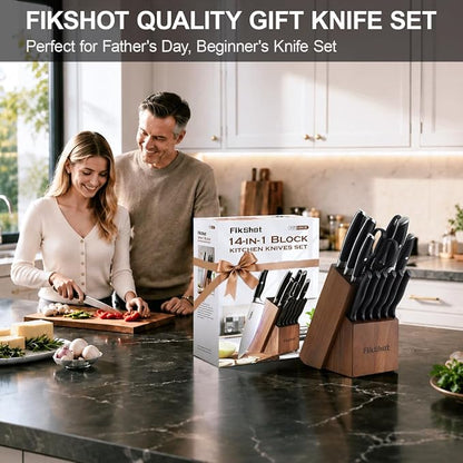 Fikshot Knife Set – German Stainless Steel, Ultra-Sharp, 14-Piece with Knife Block & Sharpener, Full Tang Black Handle, Rust-Resistant, Dishwasher-Safe for Kitchens, Gift for Chefs
