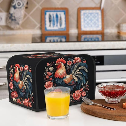 Rooster Chicken Floral 4 Slice Toaster Cover Wide Slot Dustproof Bread Maker Cover Fingerprint Bakeware Protection Kitchen Appliance Cover Toaster Bag