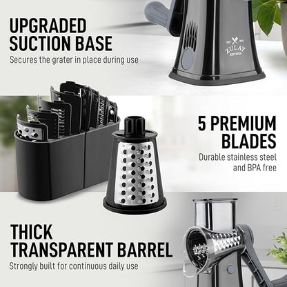 Zulay Kitchen Rotary Cheese Grater 5 Blade Cheese Shredder - Manual Hand Crank Cheese Grater With Reinforced Suction & 5 Interchangeable Drums - Easy to Use, Vegetable Chopper Round Mandoline Slicer