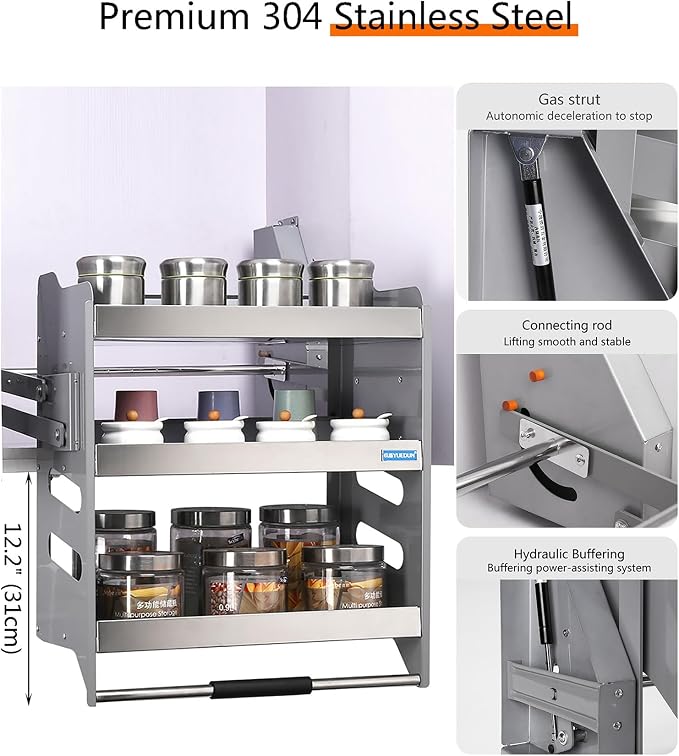 3-Tier Kitchen Cabinet Pull Down Shelf, Heavy-Duty Shelf Lifting Basket for Upper Kitchen Wall Cabinet, Metal Dish and Spice Rack System Lift Upper Cabinet