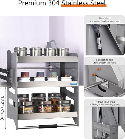 3-Tier Kitchen Cabinet Pull Down Shelf, Heavy-Duty Shelf Lifting Basket for Upper Kitchen Wall Cabinet, Metal Dish and Spice Rack System Lift Upper Cabinet