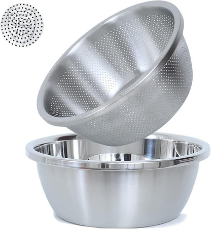 Paoli 304 Stainless Steel Fine Mesh Colander Set, 2QT Large Capacity Strainer with Mixing Bowl — Rinse Fruits, Veggies, Rice & Drain Pasta, Dishwasher Safe (2-Piece)