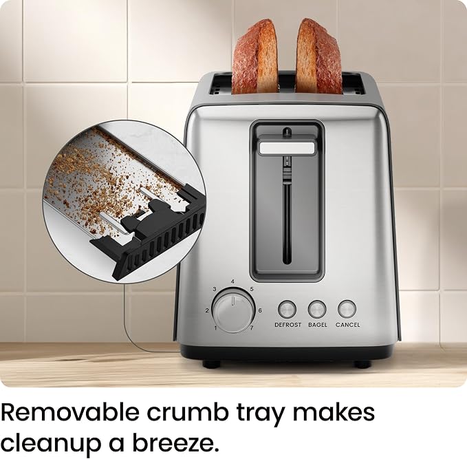Chefman 2 Slice Toaster, 7 Shade Settings, Removable Crumb Tray, Thick Bread and Bagel Toaster with Defrost and Cancel Buttons – Black