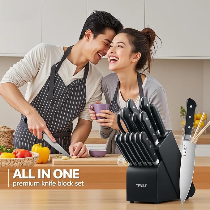 TIVOLI 2025 Knife Set 15 PCS High Carbon Stainless Steel Kitchen Knife Sets with Block & Honing Rod, Premium Razor-Sharp Black Knives Block Set for Kitchen, Ergonomic Full-Tang Handle