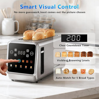SAKAMOSH Touch Screen Toaster 4 Slice, Smart Digital Toasters with LED Display & Timer, Extra Long Wide Slots for Bagels, 6 Browning Levels & 5 Bread Types, Memory Function, 1400W, Stainless Steel