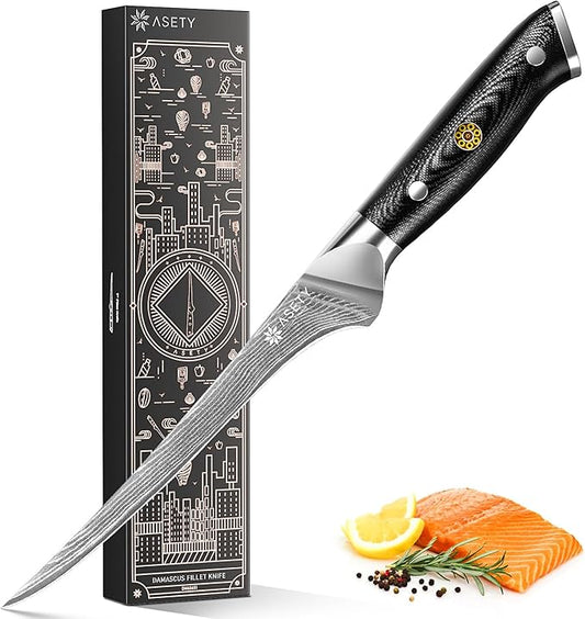 Damascus Fillet knife 7 Inch - Ultra-Sharp Fillet Knife for Fish and Meat, Professional Japanese Boning Style with VG10 Steel Core, Full Tang G10 Handle, Elegant Box