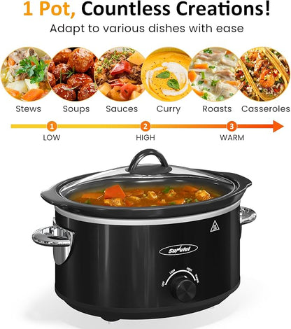 4QT Slow Cooker & Mini Food Warmer with Removable Ceramic Pot, 3 Heating Settings, Dishwasher Safe Glass Lid, Stainless Steel,Black