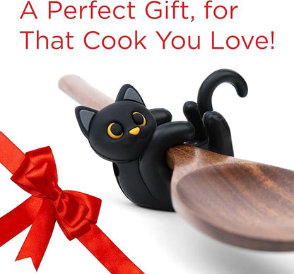 Black Cat Spoon Rest for Stove Top – Silicone Pot Clip Utensil Holder & Lid Lifter – Funny Kitchen Gadget, Unique Witchy Cat Gifts for Women & Halloween – 3" x 2.5"