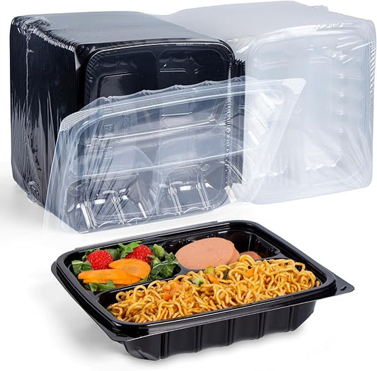 YANGRUI 45-Pack 38 oz 9.5" Meal Prep Container, Shrink-Wrapped No Pre-Wash | 3-Compartment, Anti-Fog Lid, Leakproof BPA-Free PP, Microwave/Freezer Safe for Salad Production, Catering & Grab-and-Go Meals