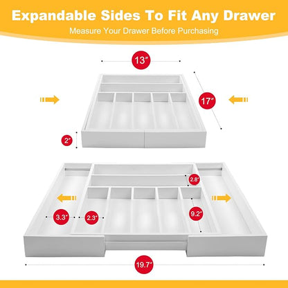 Large Premium Bamboo Silverware Organizer - Expandable Drawer Organizer & Utensil Organizer - 17"x19.7" Cutlery Tray with Dividers for Kitchen Utensils and Flatware (7-9 Slots) (White)