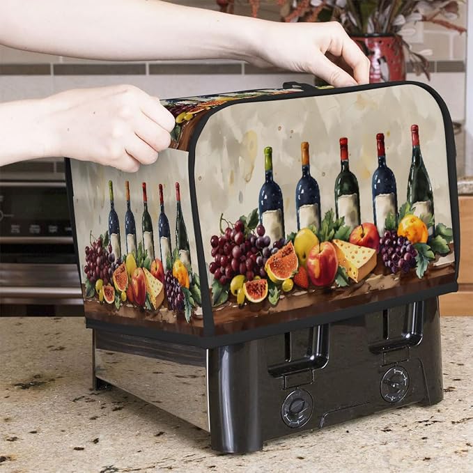 Fruit Wine Watercolor Toaster Cover 4 Slice Wide Slot Washable Kitchen Appliance Covers Fingerprint Bread Machine Dust Cover Small Toaster Oven Accessories Covers Bread Maker Bag Women Gift