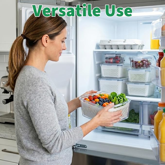 Vegetable Containers for Fridge, Stay Fresh Fruit Vegetable Storage Containers with Lid and Removable Colander, Stackable Vegetable Storage for Berry Salad Lettuce Vegetables Meat Various Food, 3PCS