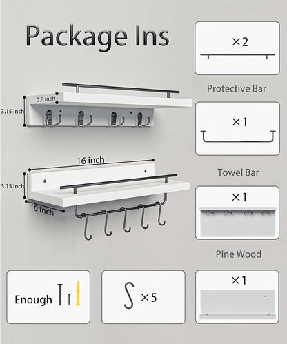 2 Floating Shelves with Hooks, Wall Mounted Coat Rack, Bathroom Shelf with Removable Towel Bar, Hanging Shelves with 9 Hooks, White