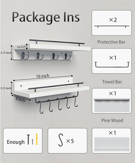 2 Floating Shelves with Hooks, Wall Mounted Coat Rack, Bathroom Shelf with Removable Towel Bar, Hanging Shelves with 9 Hooks, White