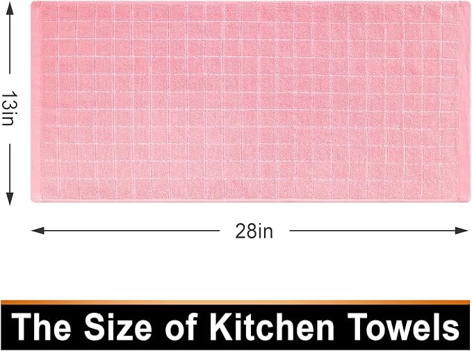 Mordimy 100% Cotton Terry Cloth Kitchen Towels, Super Soft and Absorbent Dish Towels for Drying, Checkered Designed Hand Towels for Kitchen, 13 x 28 Inches, 4 Pack, Pink