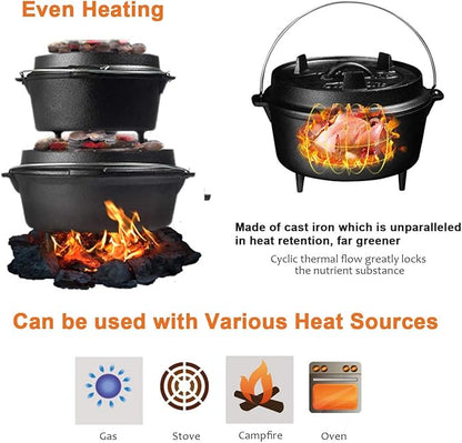 Overmont 9QT Cast Iron Dutch Oven Pre-Seasoned Camping Dutch Oven Pot with Legs, Lid Lifter & Dual Handles, Cast Iron Pot with Skillet Lid for Campfire Cooking, BBQ, Grill, Stove, Outdoor Use