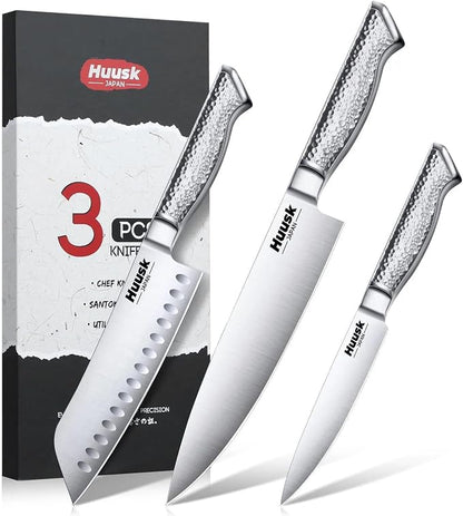 Huusk Chef Knife Set of 3, Japanese Stainless Steel Knife Set Dishwasher Safe, Ultra Sharp Kitchen Knives Sets with Ergonomic Anti-slip Handle, Professional Cooking Knives Sets, Christmas Gift for Men