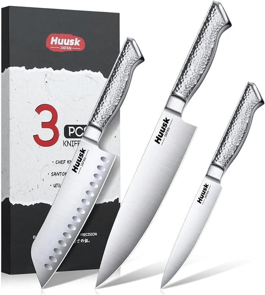 Huusk Chef Knife Set of 3, Japanese Stainless Steel Knife Set Dishwasher Safe, Ultra Sharp Kitchen Knives Sets with Ergonomic Anti-slip Handle, Professional Cooking Knives Sets, Christmas Gift for Men