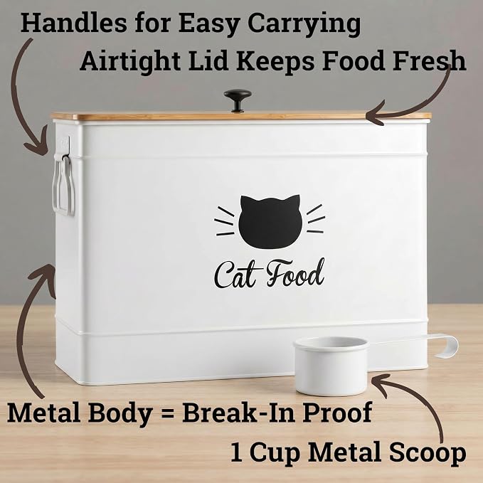 Cat Food Storage Container with Scoop - 15 lb (50 Cup) Capacity Metal Cat Food Container with Airtight Bamboo Lid & Metal Scoop - Airtight Pet Food Storage Containers - 15 lb Treats & Kibble Container