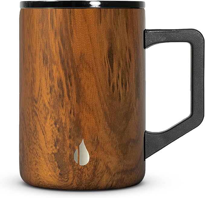 Elemental Insulated Coffee Mug - Triple-Wall Stainless Steel Summit Travel Cup for Hot and Cold Drinks - Thermal Coffee Mug with Lid and Handle for Camping, Office & Travel 16oz - Teakwood
