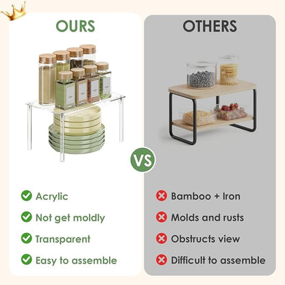 Delamu Cabinet Shelves, Clear Stackable Acrylic Storage Risers with Heavy Duty Support, Cabinet Organizer Shelf for Spices, Seasonings, Jars, Pantry, Kitchen Counter, Easy Assembly