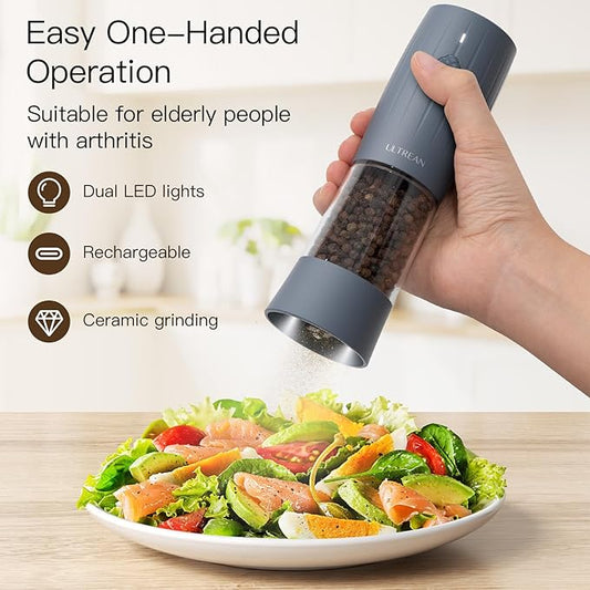 Ultrean Pepper Grinder, Electric Salt and Pepper Grinder Set with USB-C Rechargeable, Spice Mill, 6 Adjustable Coarseness, LED Light, Larger Capacity, Gift for Women Mom, Blue-Grey