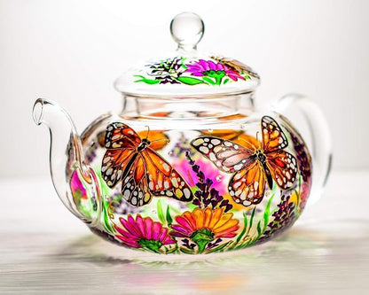 Hand Painted Monarch Butterflies and Flowers Glass Teapot with Removable Infuser, Exclusive Teapot Gift Handmade Mother's Day Gift Idea
