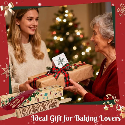 Gobam Embossed Rolling Pin for Cookies, Engraved Wooden Rolling Pin for Baking, Deep Pattern Cookie Roller for Christmas, Holiday, DIY Kitchen Decor and Gift - Christmas Classic