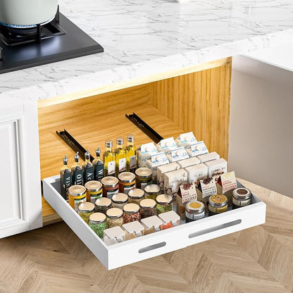 HBL' 1 Pack | 21" Deep Pull Out Cabinet Organizer Adhesive, (13.8" to 22.0") Width Expandable Sturdy Carbon Steel Roll-Out Drawers, Designed for Frameless Cabinets, Slide-Out Shelves for Pantry.